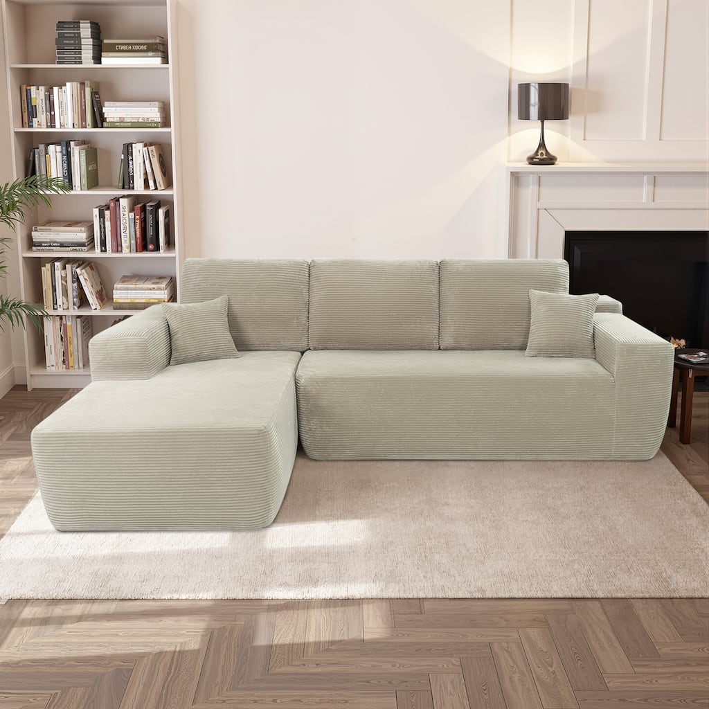 Oversized Corduroy Corner Sofa with Chaise, Boneless L-Shaped Sectional Couch, Modular Deep Seat Couches with Pillows