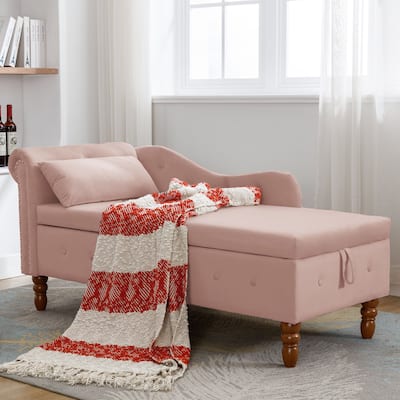 Pink Modern 58.26" Velvet Upholstered Buttons Tufted Chaise Lounge Chair with Storage and Wood Legs