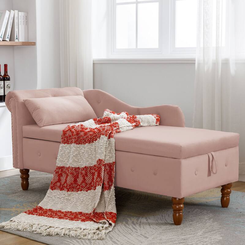 Velvet Lounge Chair for Bedroom with Storage & Pillow,Modern Upholstered Rolled Arm Chase Lounge for Sleeping - Pink