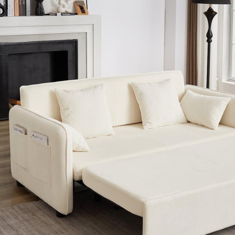 3-in-1 Pull Out Sleeper Sofa Bed, Convertible Corduroy Loveseat Couch with Casters, 4 Pillows and Side Pockets for Living Room