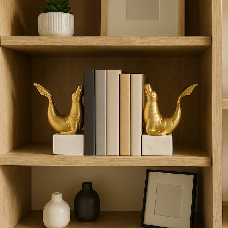 Decorative Sea Lion on Marble Base Bookends - Set of 2", 10", Gold - 10.0" - 10.0" - Gold/ Metallic