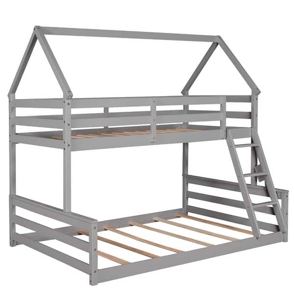 slide 2 of 18, Twin Over Full Wood Bunk Bed w/Ladder & Safety Guardrails, Can be Divided Into Two Beds, Wooden Bunk Bed Frame for Kids Bedroom Gray - Twin