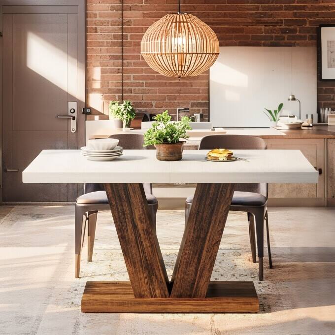 47-Inch Wooden Dining Table with Heavy Duty Pedestal, Farmhouse Kitchen Dinner Table for Home