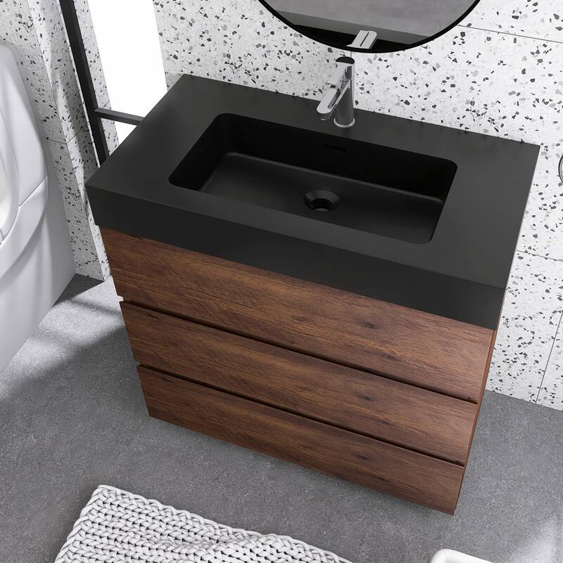 Freestanding Bathroom Vanity with Black Solid Surface Top