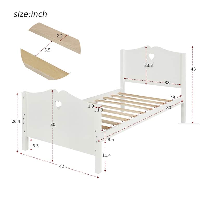 Twin Size Platform Bed with Heart-shaped Decoration Headboard and Footboard, Slat Bed Frame with Wood Slat Support