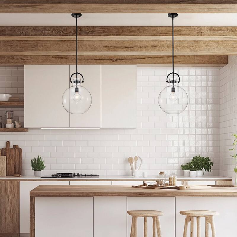 Matte Black 1-Light 14 Inch Globe Shaped Clear Glass Pendant