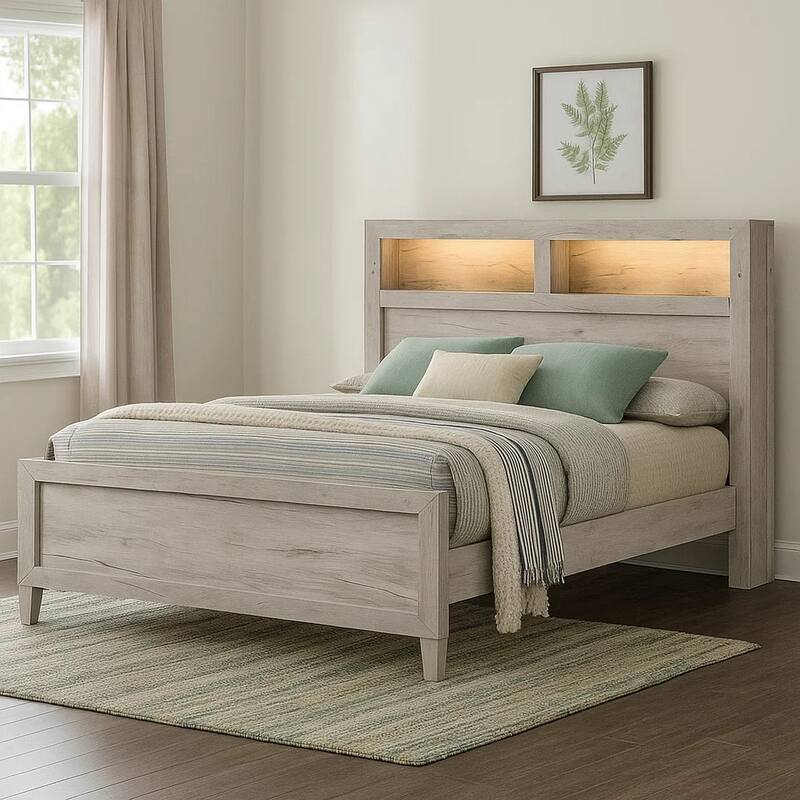 Miot Queen Size Bed w Headboard Shelves, Weathered White Wash Tone
