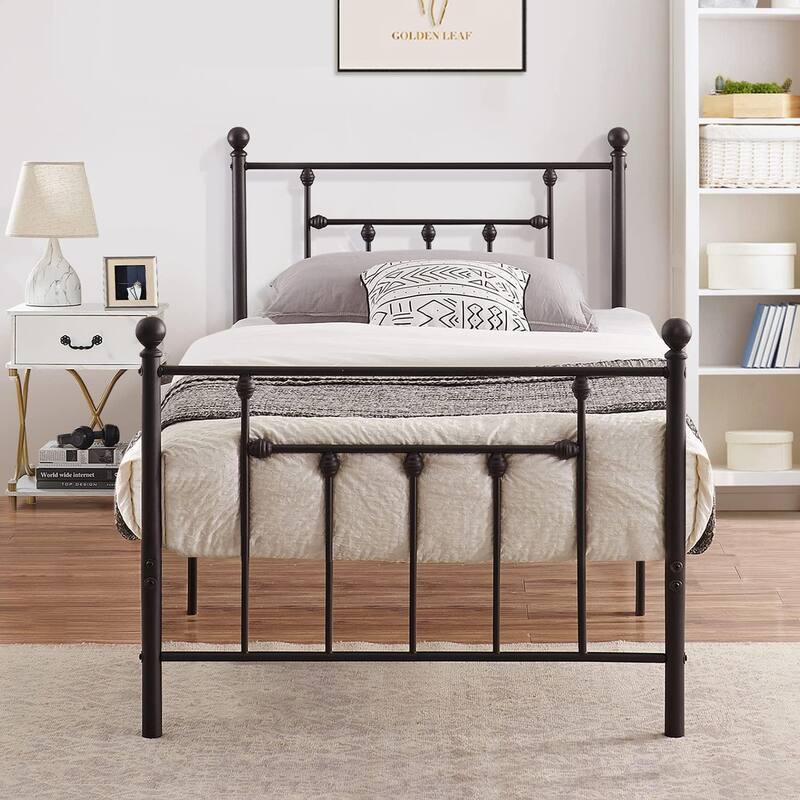 VECELO Metal Platform Bed Frame with Headboard and Footboard, Heavy Duty Slat Support/Underbed Storage Space, Victorian Style - Black - Twin