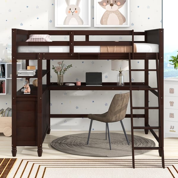 slide 2 of 16, Versatility Full Size Wooden Loft Bed Kids Teens Bed with 6 Storage Drawers and Desk, Shelves Espresso