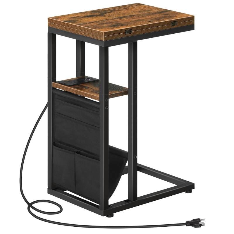 C Shaped Side Table with Charging Station - 20.5"D x 15.4"W x 24"H - Rustic Brown + Black