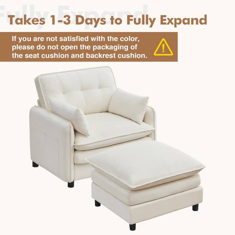 Upholstered Chenille Oversized Accent Armchairs with Ottoman and Side Pocket