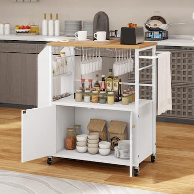 Moasis Rolling Portable Kitchen Island Cart With Power Outlet And Open Shelves