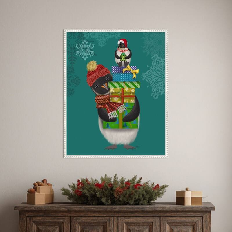 Christmas Penguin Gifts by Fab Funky (23 x 28 in.), Framed Canvas Wall Art Print - Sylvie Beaded White