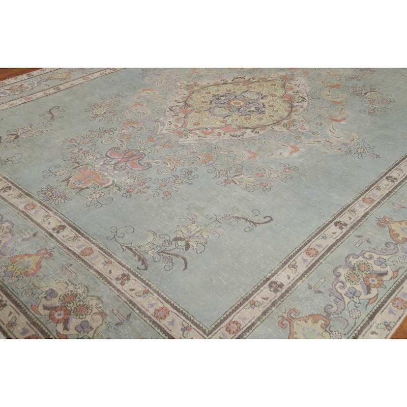Light Blue Medallion Tabriz Persian Vintage Wool Carpet - 9'7" x 12'8"
