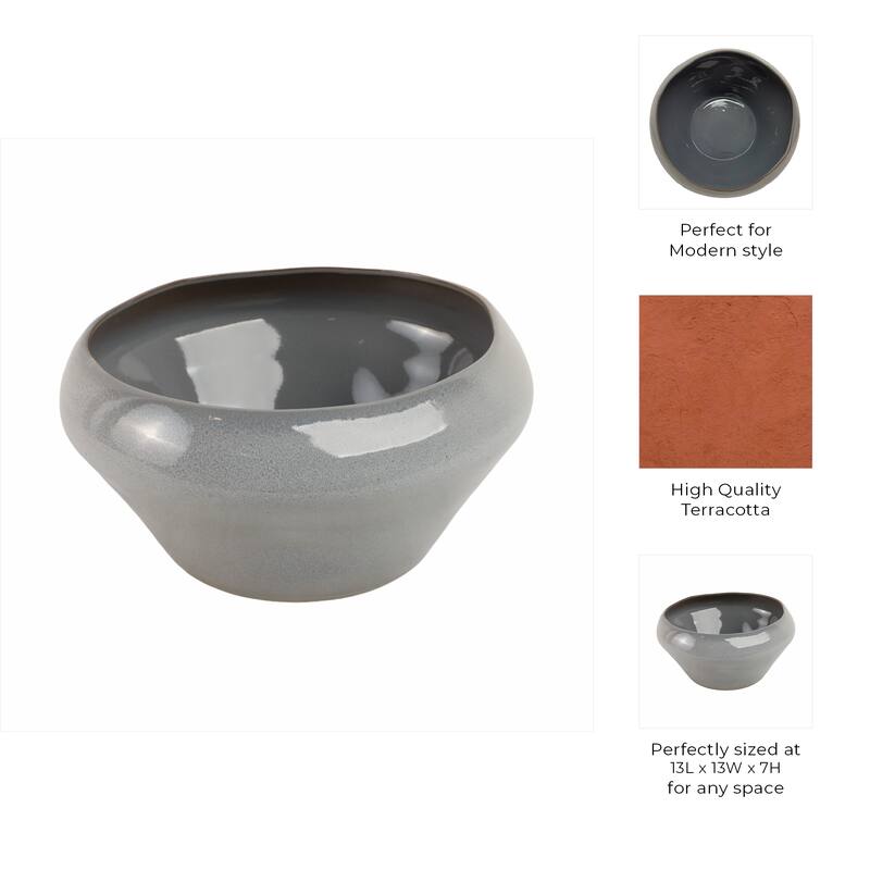 Terracotta Decorative Bowl Glazed Finish Accent Piece - 7" Gray - 13" x 13" x 7"