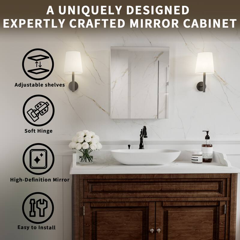 Modland Single Door Bathroom Medicine Cabinet with Mirror Adjustable Shelves,Recessed or Surface Mount