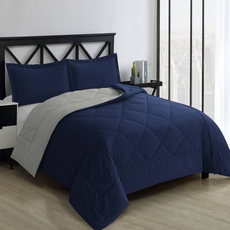 Swift Home Reversible Down Alternative Microfiber Bedding Comforter Set - Navy/Stone - King