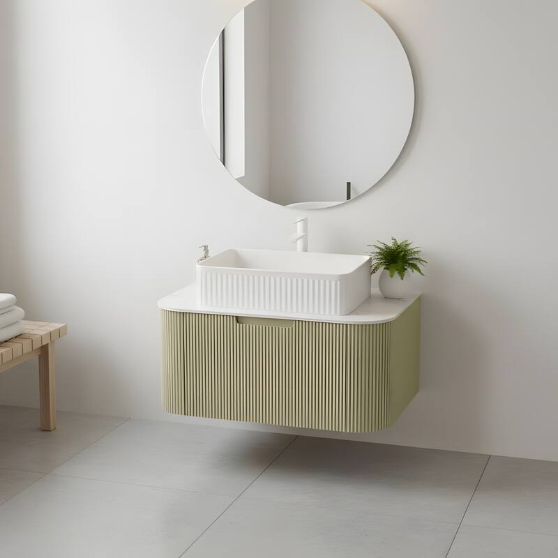 Wall Mounted Bathroom Vanity with White Rectangular Ceramic Basin - 30 - Light Green