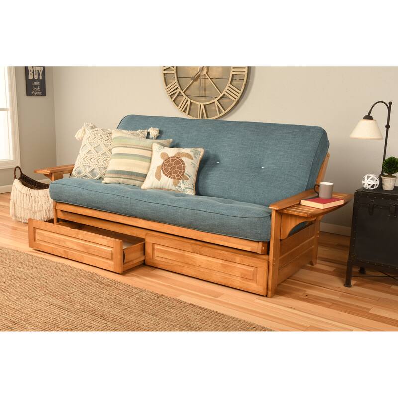 Somette Phoenix Butternut Futon Set with Storage Drawers and Mattress - Linen Aqua