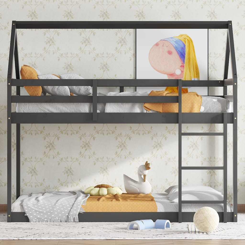 House-Shaped Twin Over Twin Rubber Wood Bunk Bed with Ladder and Guardrails, Black