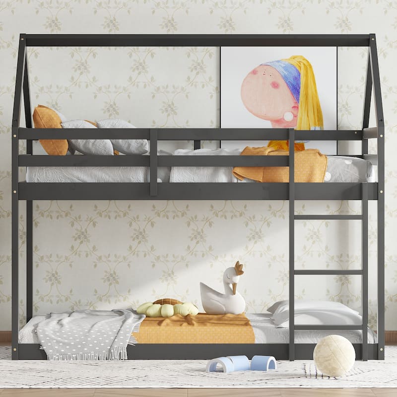 Wood Twin Size House Bed Solid Wood Low Floor Bunk Bed Frame with ladder, Guardrails