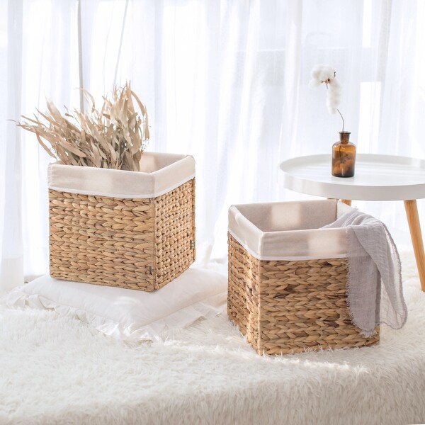 StorageWorks Water Hyacinth Storage Woven Basket with Linen Lining, Foldable Wicker Storage Baskets Organizer, Large
