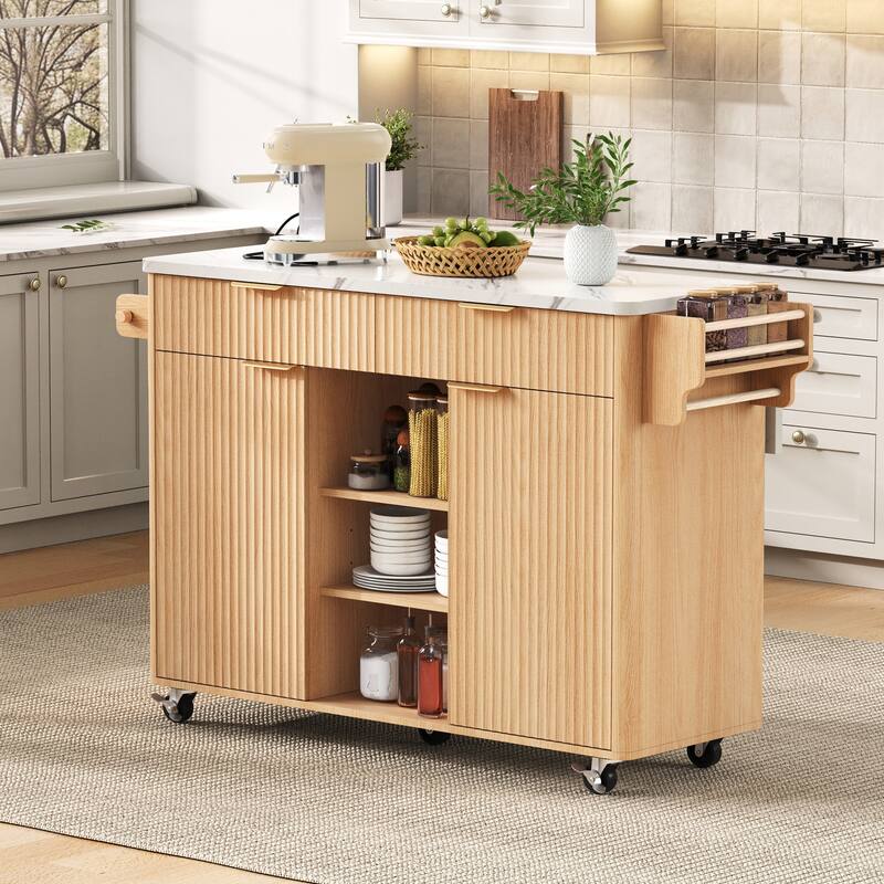 Roomfitters 52" Fluted Kitchen Island with Drop Leaf, Power Outlet & Walnut Wood-Grain Top - Natural