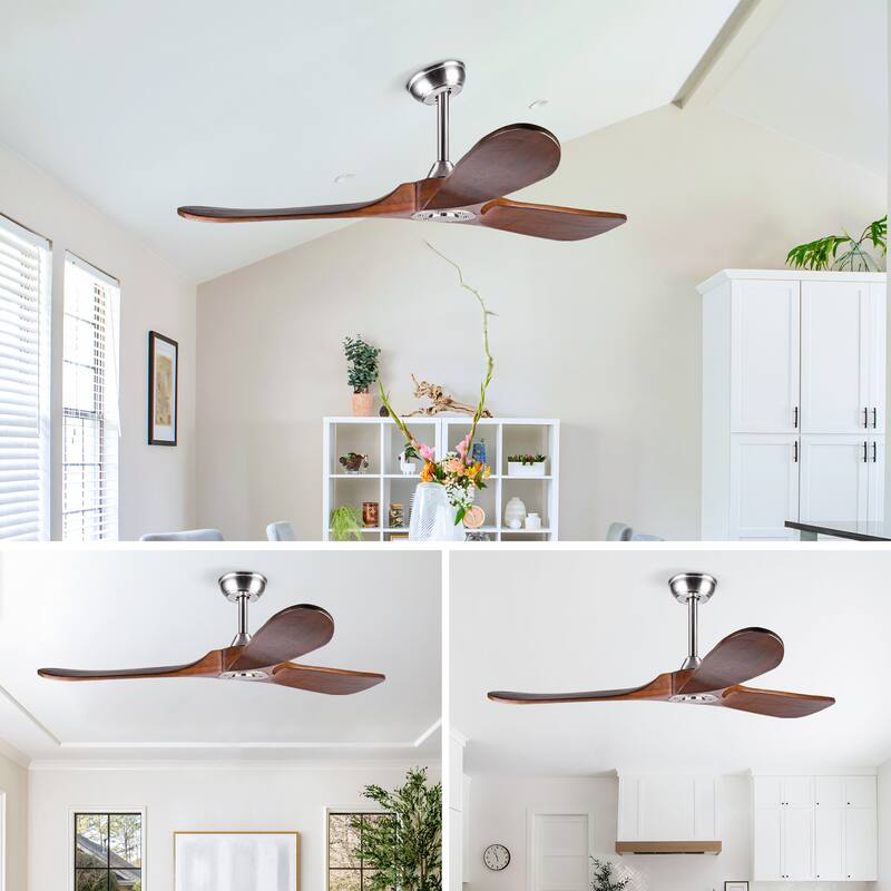 52" Solid Wood Ceiling Fan, Outdoor, 3 Blade, No Light, for Patio Living Room Bedroom Porch, Remote Control, Water Resistant