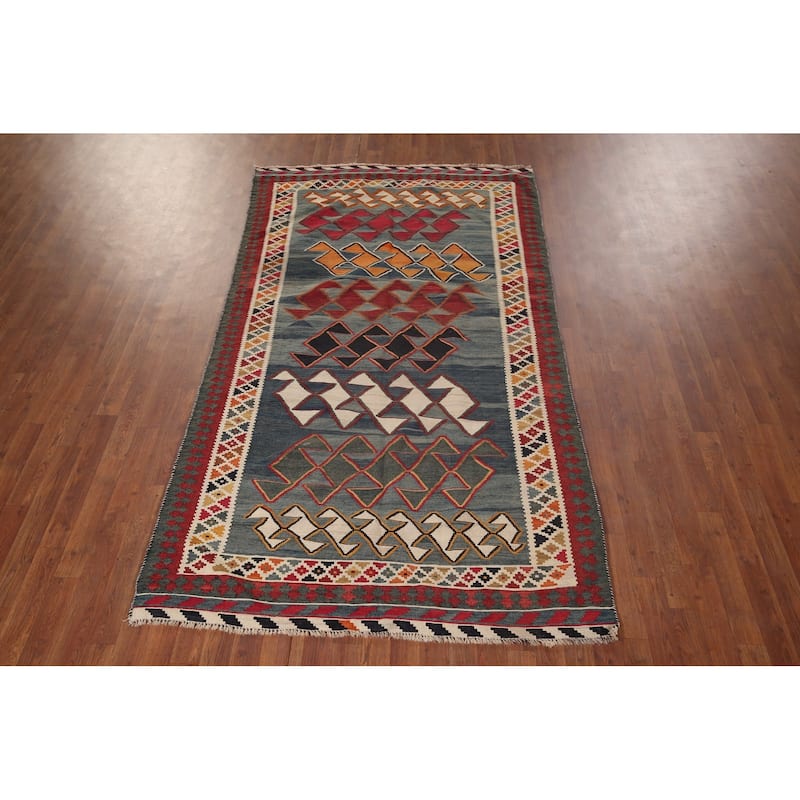 Kilim Qashqai Persian Vintage Rug Hand-Woven Blue Wool Carpet - 4'9"x 8'9"