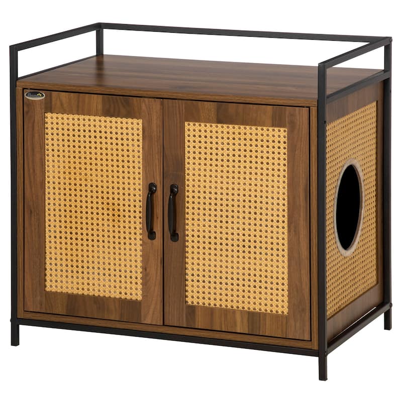 PawHut Shelved Hidden Litter Box Enclosure with Spacious Top and Interior, Large Cat Litter House End Table for Indoor Cats - brown