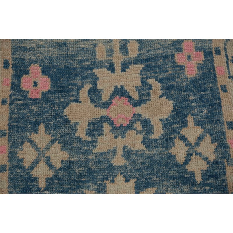 Hand Knotted Oriental 100% Wool Carpet Transitional Geometric Navy Blue & Blues Oushak Runner Rug - 9' 4'' X 3' 0''