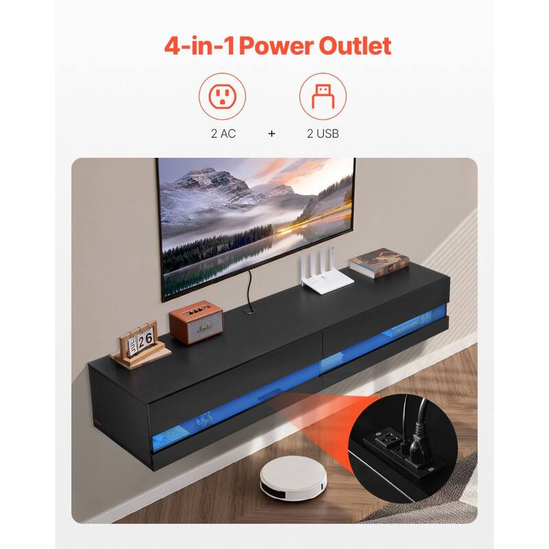 Floating TV Stand, 71 in Wall Mount Entertainment Center with Power Outlet & LED Lights, Modern Floating TV Shelf with 2 Drawers