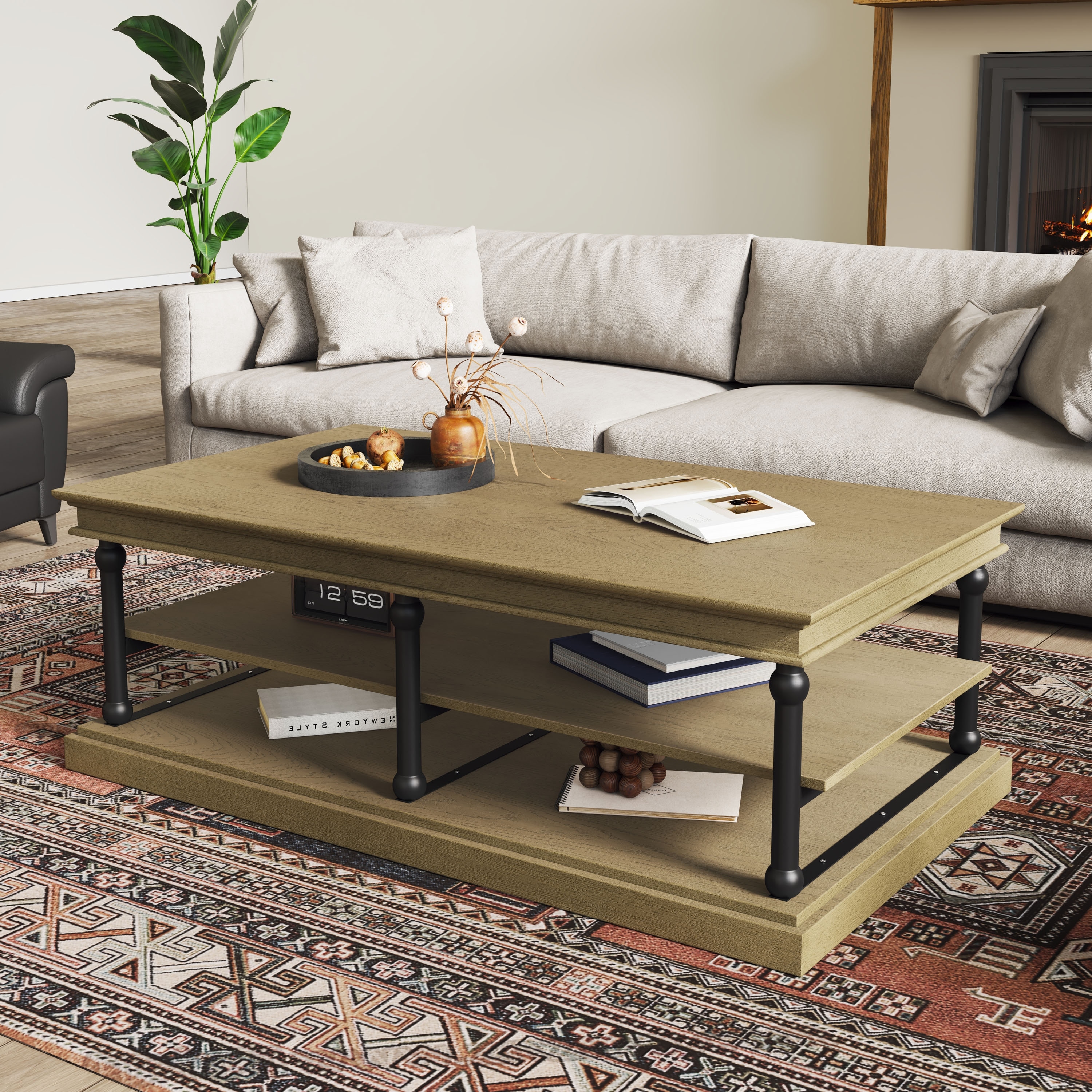 55.1" Wood Coffee Table with Black Legs, 2 Open Storage Shelves, Modern Living Room Table