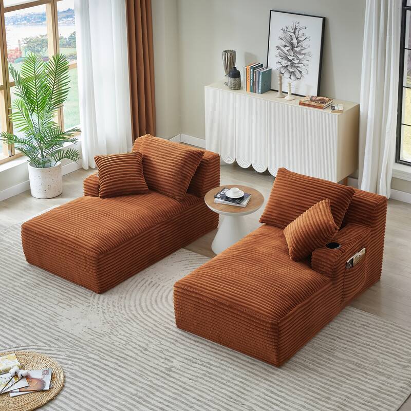 Corduroy Sleeper Sectional Loveseat Sofa, Double Chaise Lounge for Versatility with Cup Holders and Side Pockets