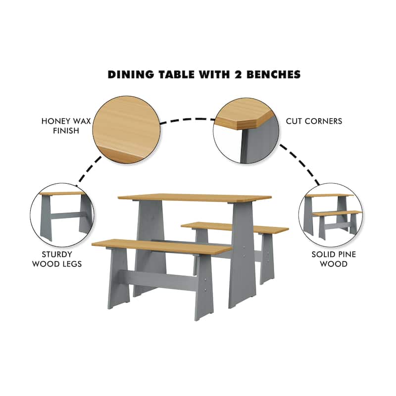 Chapman Farmhouse 3-Piece Solid Pine Wood Dining Set with 2 Benches