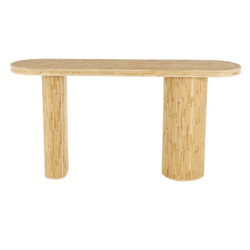 Rattan Handmade Textured Oval Console Table with Linear Wood Strip Design - Brown - Roche River Decor