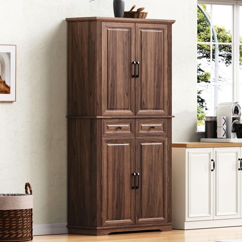 Freestanding 71" Tall Kitchen Pantry Cabinet with Pull-Out Organizers and Unique Embossed Texture for Organized Storage