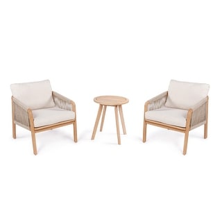 Porto 3-Piece Modern Bohemian Roped Acacia Wood Conversation Outdoor Patio Set with Cushions, by JONATHAN Y