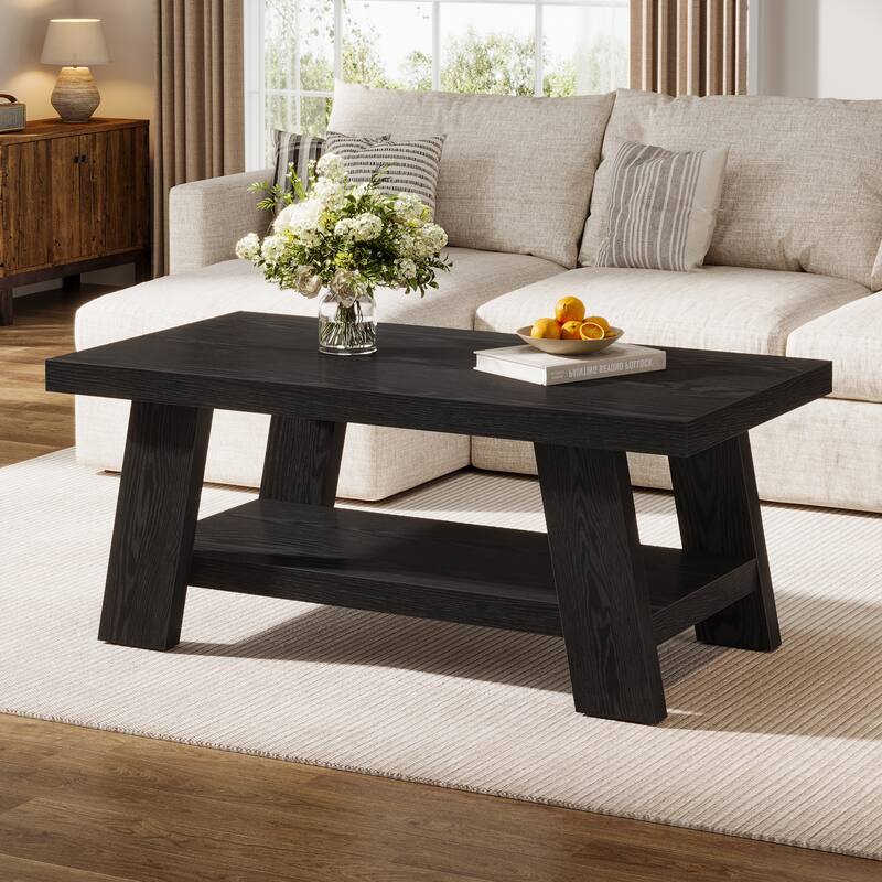 Coffee Table, Rectangular Coffee Tables for Living Room, Wood Center Tables with Storage Shelves for Home - Black