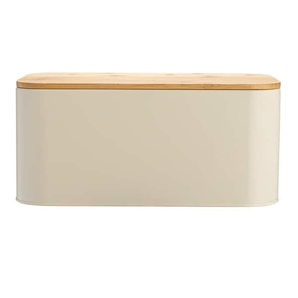 4-piece Beige Metal Bread Box Set with Bamboo Cutting Board Lid 4-piece Beige Metal Bread Box Set with Bamboo Cutting Board Lid