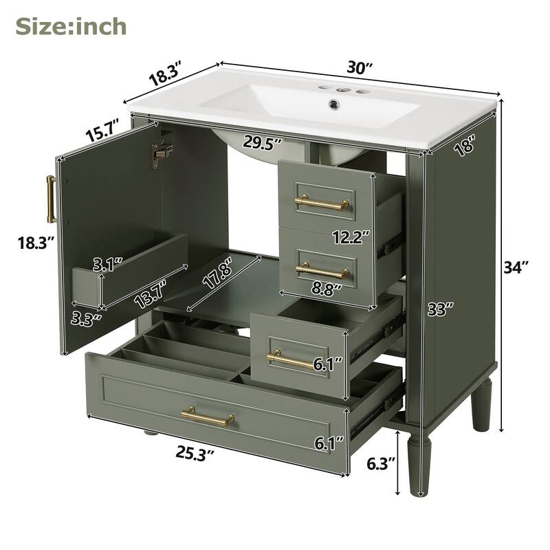 30'' Bathroom Vanity with Ceramic Sink, Soft-Close Door