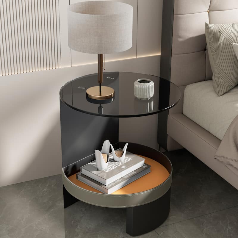 ARTLOGE 2-Tier Glass End Table Distinctive End Table with Tempered Glass-top Saddle Leather Shelf Accent Table for Bedroom