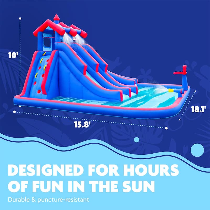 Deluxe Inflatable Water Triple Slide Park - Heavy-Duty Nylon Bouncy Station - Climbing Wall, 3 Slides & Splash Pool - Large