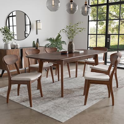 Furniture of America Abigail VII Mid-Century Modern 7-Piece Rich Walnut Solid Wood 79-inch Extendable Dining Set