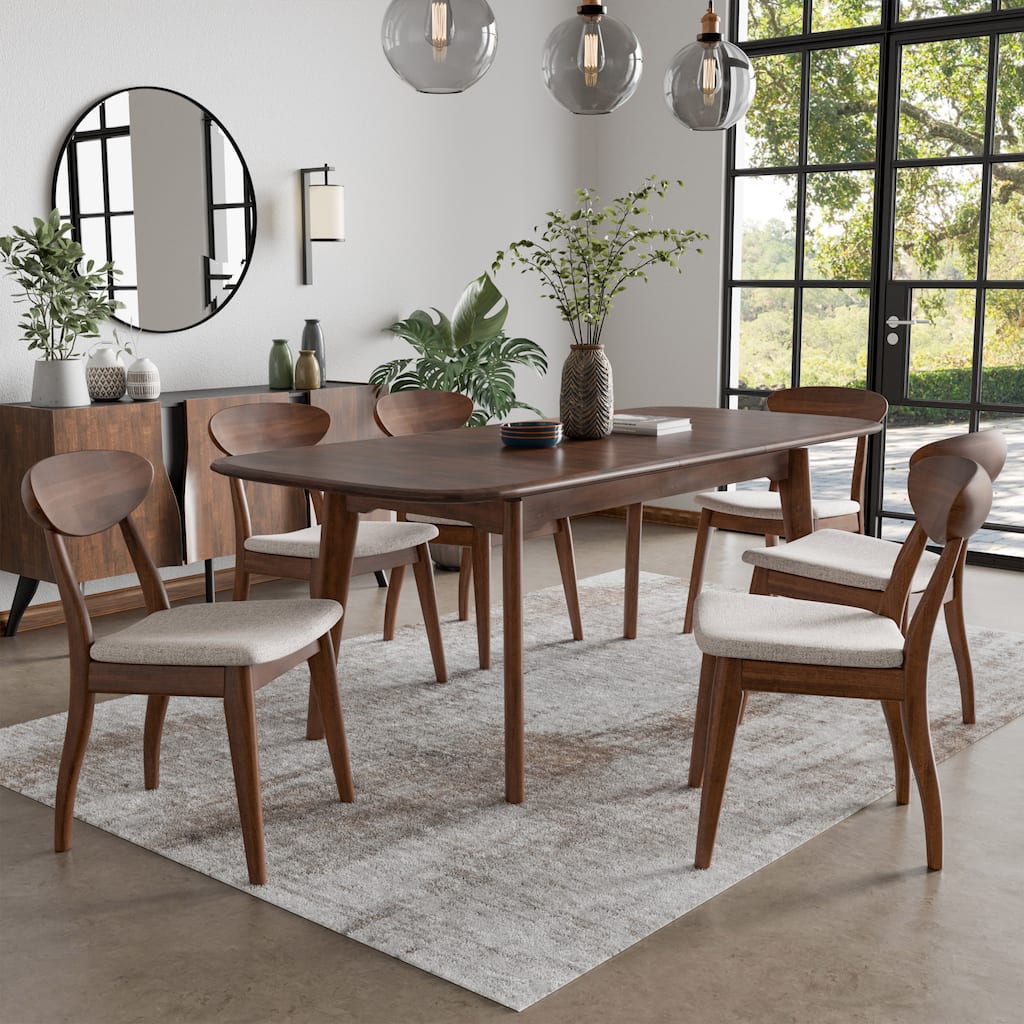 Furniture of America Abigail VII Mid-Century Modern 7-Piece Rich Walnut Solid Wood 79-inch Extendable Dining Set