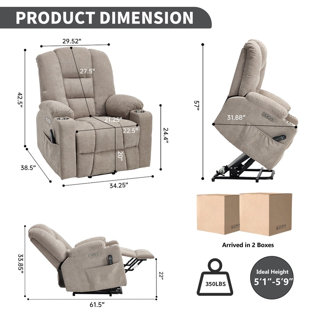 Power Lift Recliner Chair with Massage & Heat, Heavy Duty Electric Recliner, Recliner Chair with USB Ports & 2 Cup Holders