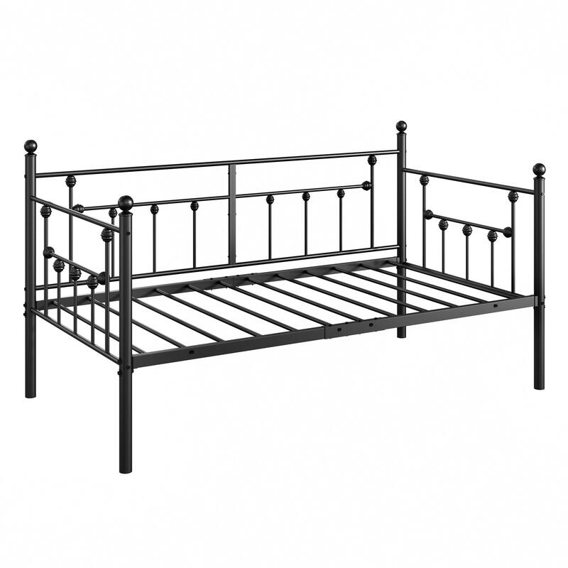 VECELO Roman Column Daybed 79" Iron Frame Space Saving Daybed Set with Rolling Trundle for Guest Teen Room Black or White