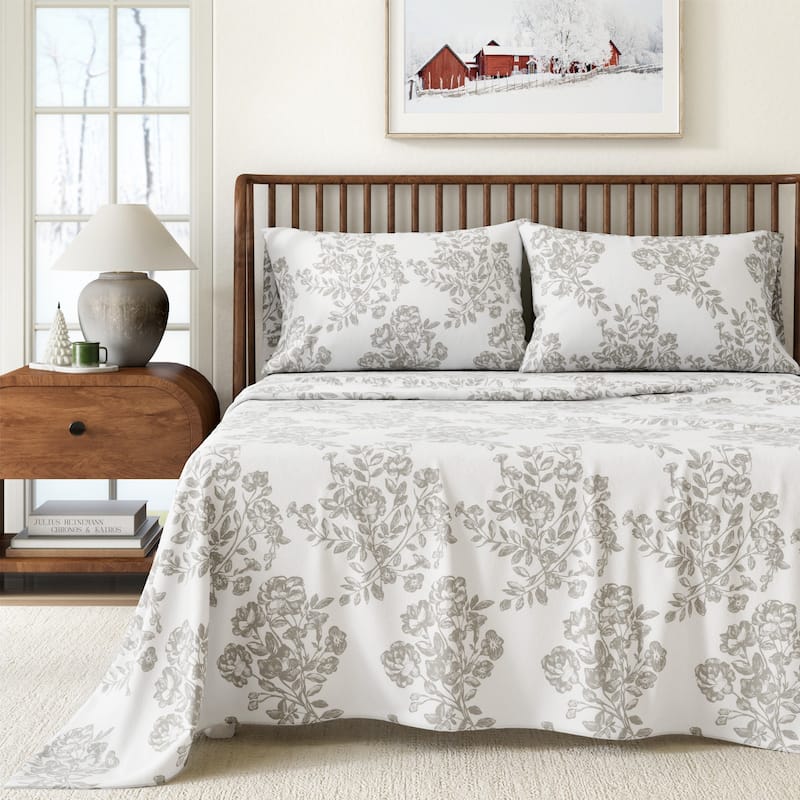 Linery & Co. Turkish Cotton Double-Brushed Printed Flannel Bed Sheet Set - Twin - Toile - Grey