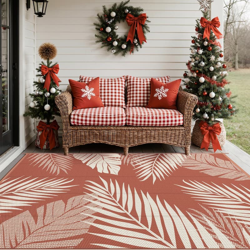 Reversible Outdoor Rug - Brick & Red Palm Leaf Design