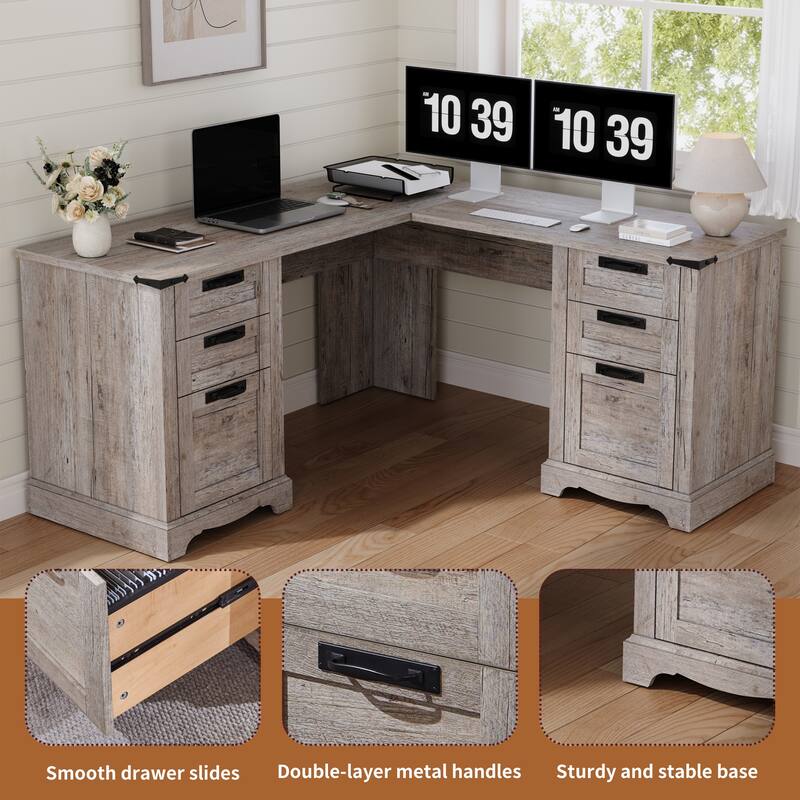 L Shaped Desk Set of 2, Wood Office Desk with Charging Station